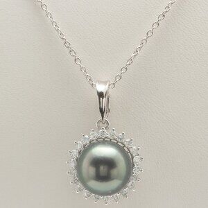 0.58 Ct Natural 11.97 mm Tahitian Pearl & Diamond 14K Solid White Gold Pendant